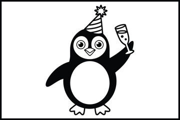 Cute cartoon penguin celebrating with a party hat and champagne. isolated on white background, Vector