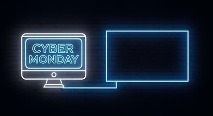 Cyber monday neon sign with computer and blank frame on dark brick wall