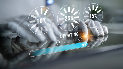 An AI system update and machine learning model training. A progress bar and loading icons showing the AI update percentage and status. Motif