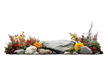 Stone Headstone with Colorful Flowers on Transparent Background