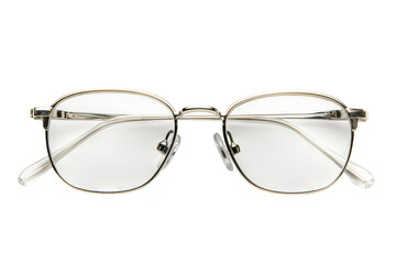 A close-up view of a stylish pair of silver-framed eyeglasses positioned symmetrically against a clean white background. their design and potential for fashion or optical use