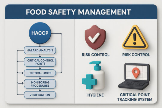 Serious food safety management presentation with HACCP diagram for risk control and hygiene. infographic shows critical point tracking system and hazard analysis for quality assurance