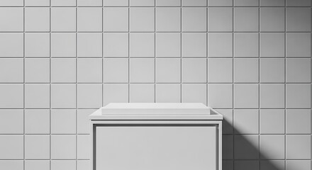 White podium on a wall background with ceramic tiles. A place to present your product.