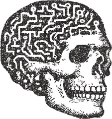 Fototapeta premium Vector stipple drawing of cybernetic skull with circuit board brain and mechanical parts in sci-fi dotwork style 