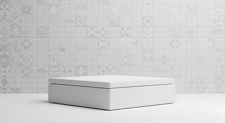 White podium on a wall background with ceramic tiles. A place to present your product.