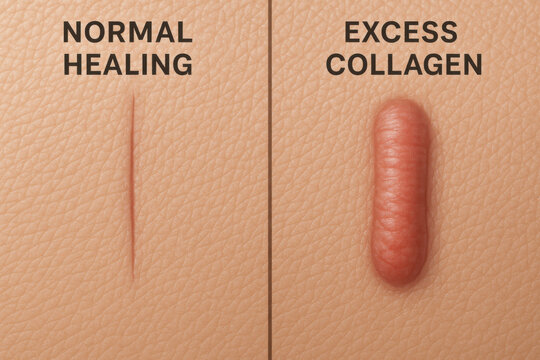 Hypertrophic scar and normal scar comparison medical diagram. Close up shows excess collagen versus normal healing with realistic human skin texture for dermatology study