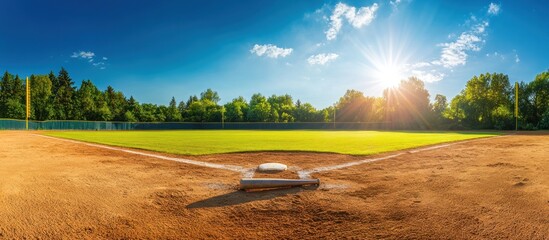 Scenic Baseball Field Under Bright Sunlight on a Clear Summer Day