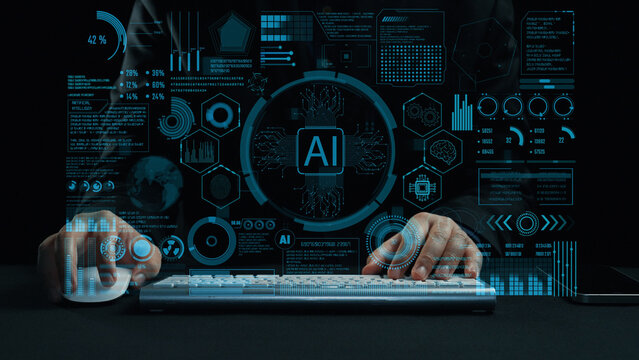 A person engages with a high-tech AI interface filled with data visuals and analytics, showcasing advancements in technology on a sleek dark background. Cipher