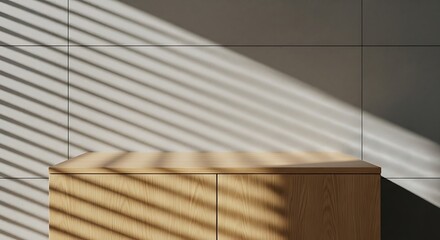 Realistic rectangle wood podium on tiled wall background with sunlight through blinds. Natural oak platform for luxury beauty product presentation, kitchen interior design
