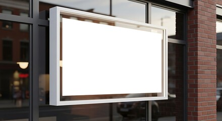 Rectangular sign on the building. Copy space and space for text. Mockup for design. Blank template for advertising. White frame on a glass case. Advertising on the window of a restaurant or shop.