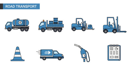 Eight blue and dark grey flat icons related to road transport including vehicles and equipment