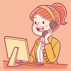 Friendly female customer support agent speaking on phone while working at computer in a cheerful office illustration