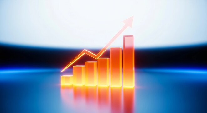 Glowing bar graph with an upward arrow symbolizing growth and success, set against a blue background, representing financial progress and positive trends