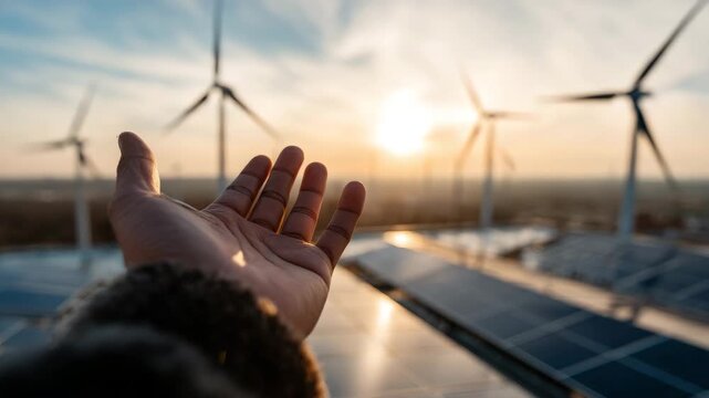 Reaching hand near wind turbines and solar panels