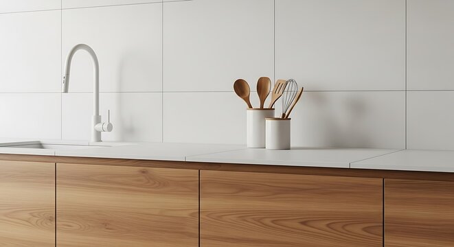 Clean minimalist kitchen countertop with light-colored tiles and wooden cabinets, featuring a modern white faucet and wooden utensils. 3D Rendering - Powered by Adobe