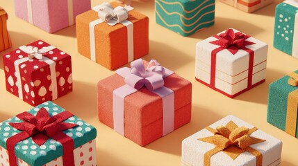pattern of numerous cube-shaped gift boxes in textured colors orange, teal, pink, red and patterns with bows, et on a plain light background, perfect for sale, birthday, or holiday themes.