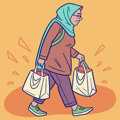Elderly woman in headscarf walking and carrying shopping bags in a simple modern illustration
