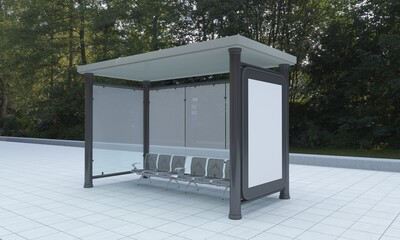Naklejka premium Modern bus stop with blank advertising display in lush green park ready for your creative marketing campaign