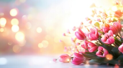 Spring bouquet of pink tulips against a dreamy bokeh light backdrop