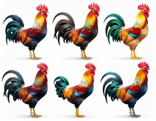 Fototapeta premium Collection of Six Colorful Roosters Standing Proudly