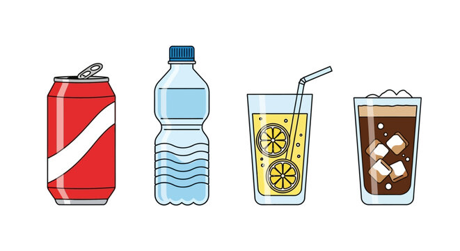 Refreshing Drinks: Soda Water Lemonade and Cola Illustration.