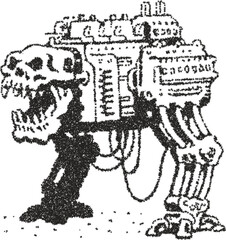 Obraz premium Vector stipple drawing of robotic mechanical beast or dinosaur with machinery parts in vintage dotwork style 