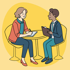 Two professionals having a friendly business meeting while discussing notes at a table