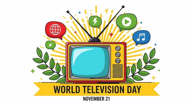 World television day greeting with retro tv and media icons isolated on white background - Powered by Adobe