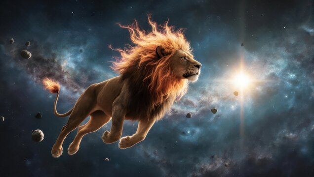 Majestic Lion Roaming Through Cosmic Nebula with Fiery Mane.