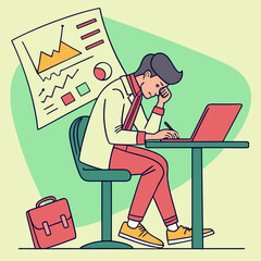 Business man feeling stressed while working on laptop with financial charts in the background