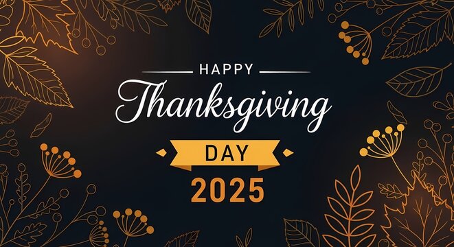 Happy thanksgiving day 2025 greeting with floral frame on dark background