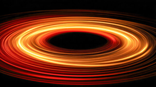 Bright swirling rings of glowing red and orange light forming a dynamic circular pattern against a deep black background resembling a cosmic or abstract energy vorte