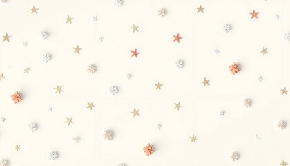 Christmas decorations background with gifts and stars on light cream backdrop