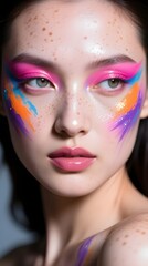 Beauty Portrait of Woman with Freckles - Colorful Vibrant Glossy Creative Makeup