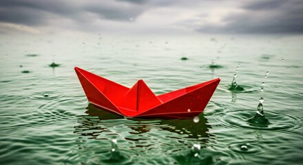 Fototapeta premium Colorful Paper Boat Floating Calm Water Dramatic Cloudy Sky
