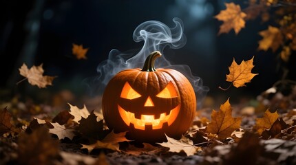 Glowing Halloween Pumpkin in Autumn Night Scene