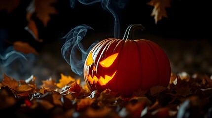 Glowing Halloween Smoking Pumpkin in Autumn Night Scene
