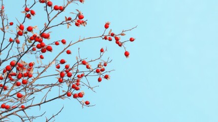 Vibrant red rosehips against a serene sky creates a striking natural contrast