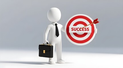 Business Target Achievement Concept 3D Illustration - success, goal, briefcase, leadership, red and white bullseye