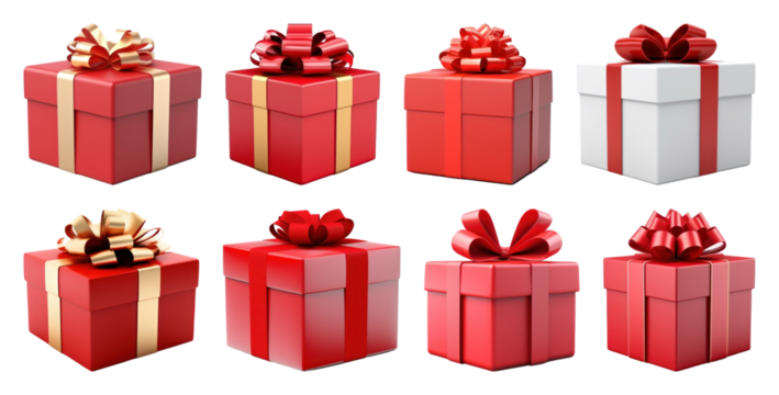 PNG Colorful gift boxes with ribbons, element set on transparent background