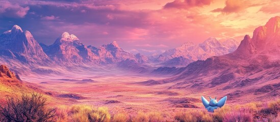 A vibrant landscape featuring an animated character nestled in tall grass, set against a majestic mountain range under a warm, colorful sky