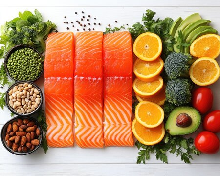 Three salmon fillets are surrounded by various healthy vegetables. For illustrating a balanced diet with omega-3 fatty acids.