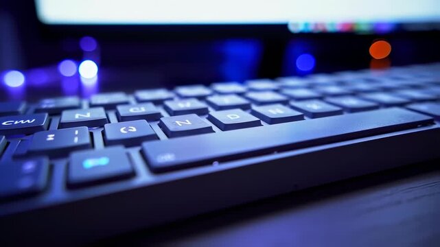 A low-angle shot of a computer keyboard with backlighting and bokeh in a dark, blue-toned room
