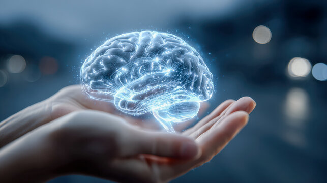 Human hands gently holding glowing digital brain hologram symbolizing innovation scientific research and the future of technology and intelligence