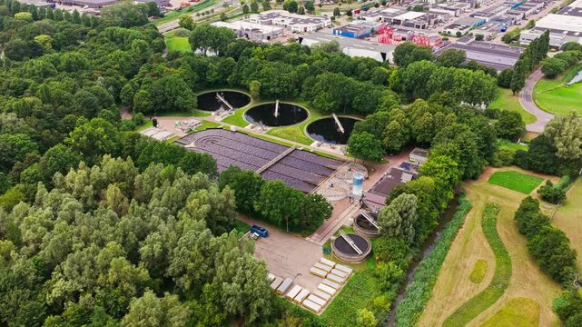 Aerial Drone View of a Modern Water Treatment Plant