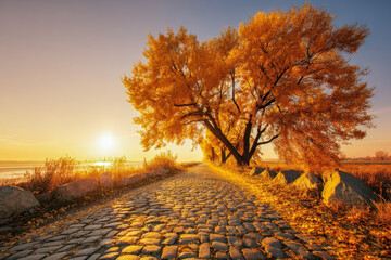 Serene golden autumn sunset along a cobblestone path lined with vibrant trees and calm waters under a clear sky in a peaceful countryside setting