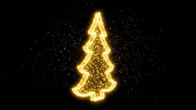 A golden Christmas tree glows with light against a dark backdrop, filled with glitter