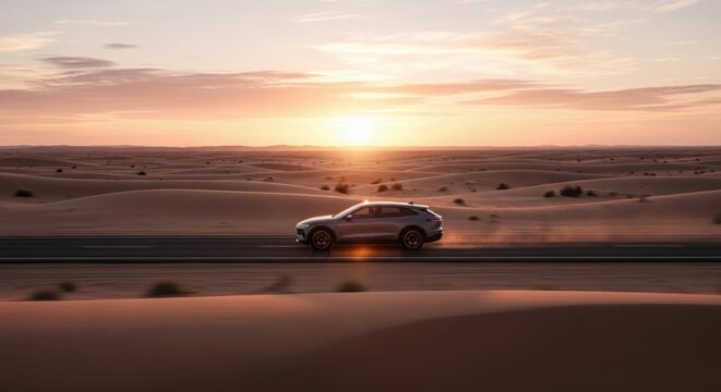 Silver SUV speeding through desert landscape at sunrise, creating a dynamic travel and adventure automotive scene.