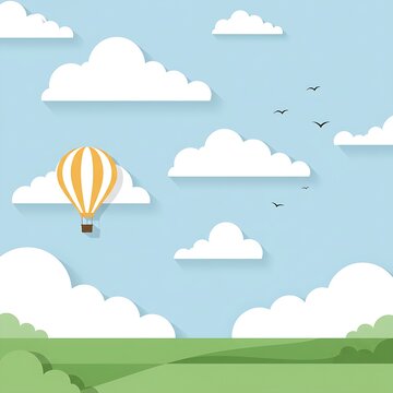 Cartoon hot air balloon floats in a serene, dreamy landscape