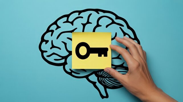 Human hand placing a notecard with a key symbol onto a stylized drawing of the human brain